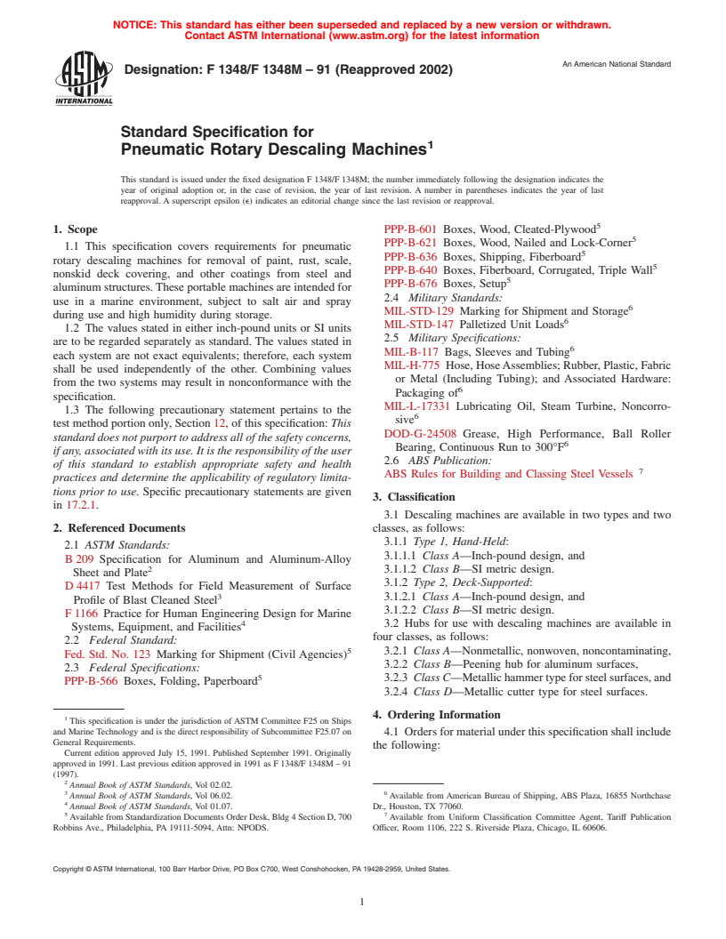 ASTM F1348/F1348M-91(2002) - Standard Specification for Pneumatic Rotary Descaling Machines