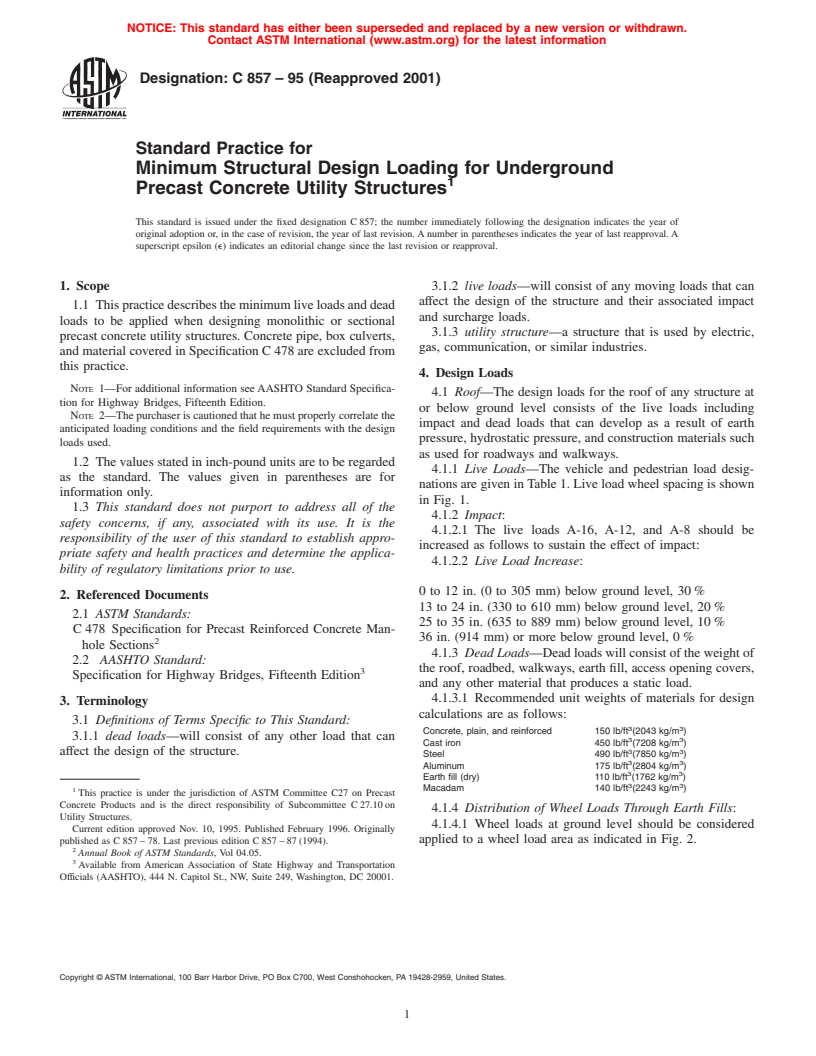 ASTM C857-95(2001) - Standard Practice for Minimum Structural Design Loading for Underground Precast Concrete Utility Structures