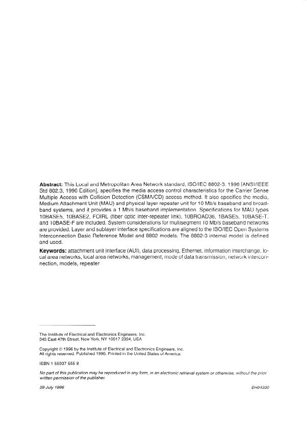 ISO/IEC 8802-3:1996 ISO/IEC 8802-3:1996 - Information technology -- Telecommunications and information exchange between systems -- Local and metropolitan area networks -- Specific requirements - Page 2 preview