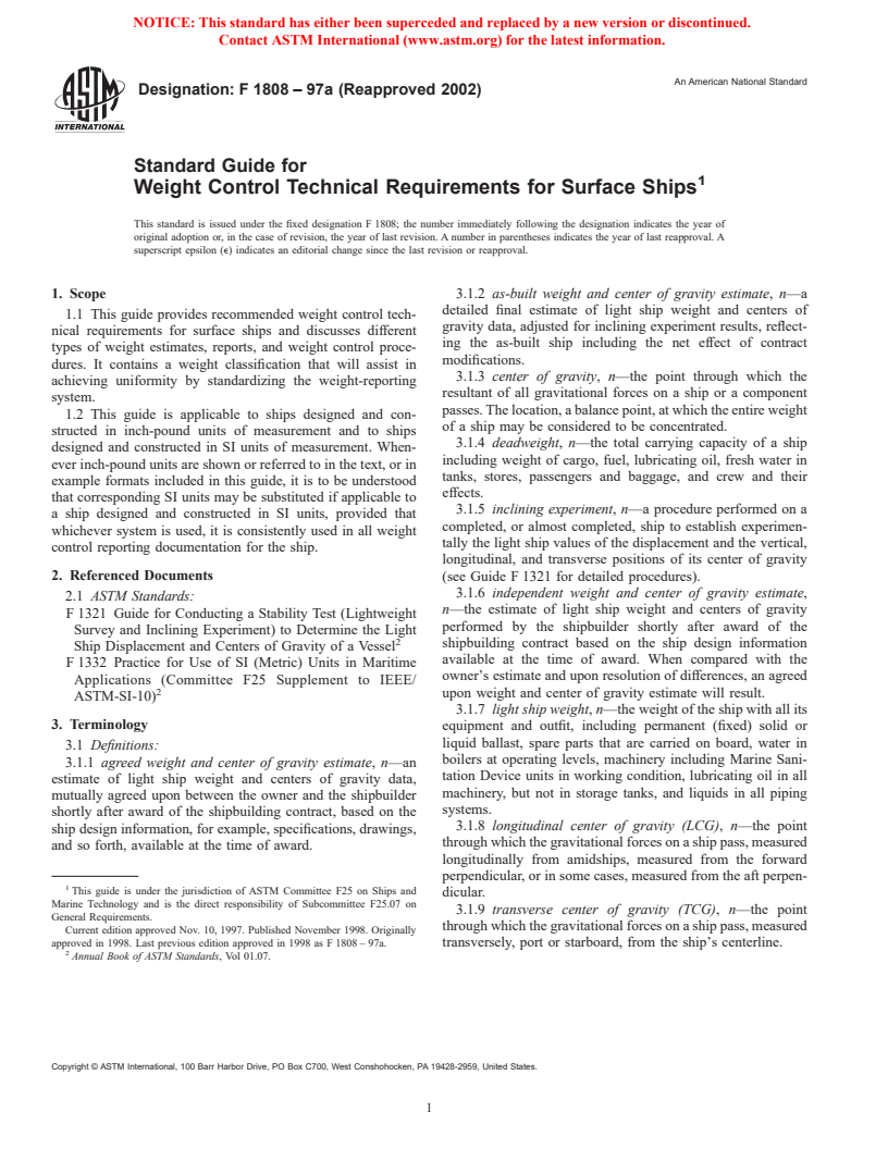 ASTM F1808-97a(2002) - Standard Guide for Weight Control Technical Requirements for Surface Ships