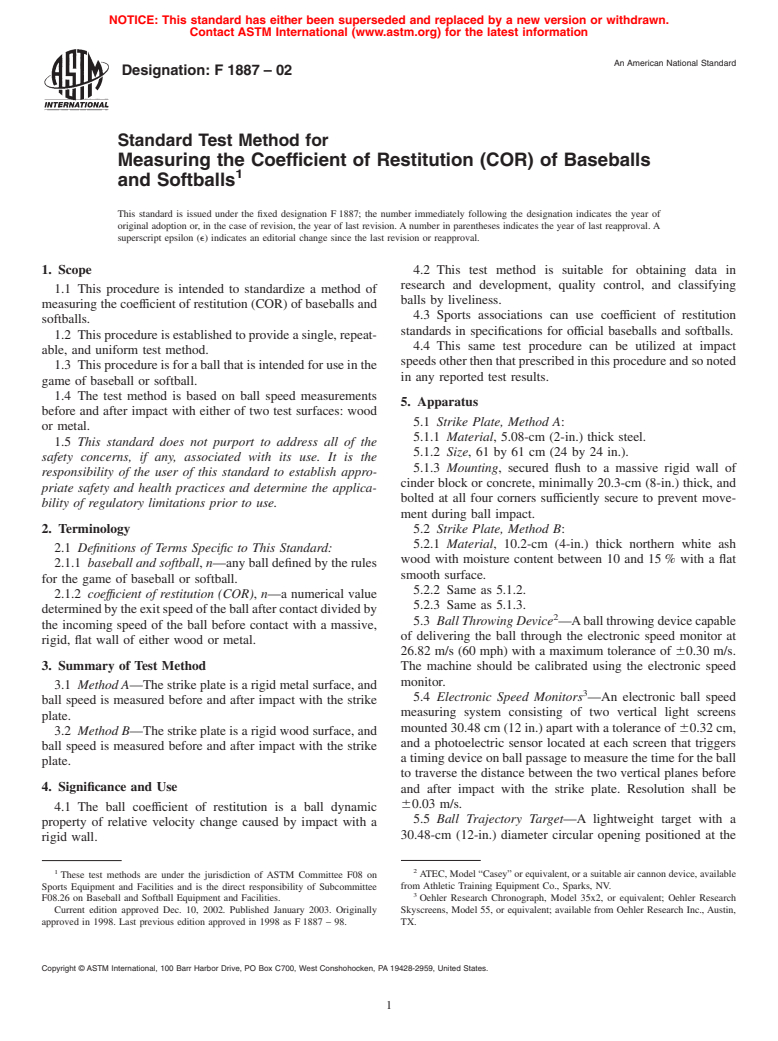 ASTM F1887-02 - Standard Test Method for Measuring the Coefficient of Restitution (COR) of Baseballs and Softballs