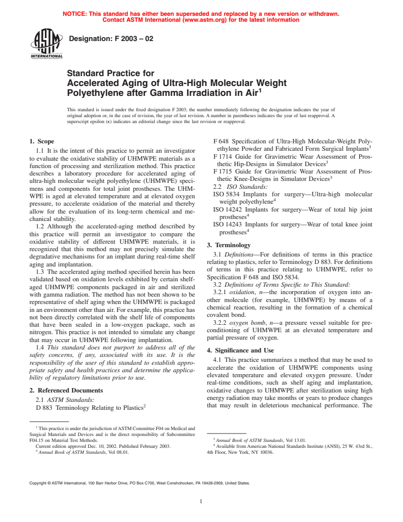 ASTM F2003-02 - Standard Practice for Accelerated Aging of Ultra-High Molecular Weight Polyethylene after Gamma Irradiation in Air