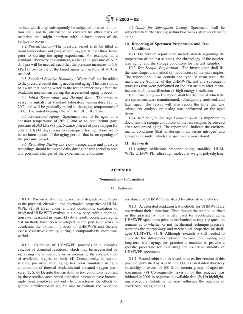 ASTM F2003-02 - Standard Practice for Accelerated Aging of Ultra-High Molecular Weight Polyethylene after Gamma Irradiation in Air