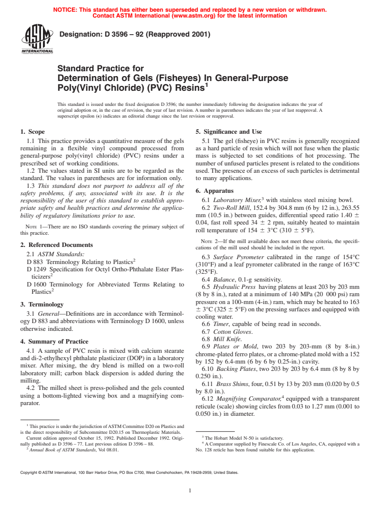 ASTM D3596-92(2001) - Standard Practice for Determination of Gels (Fisheyes) In General-Purpose Poly(Vinyl Chloride) (PVC) Resins