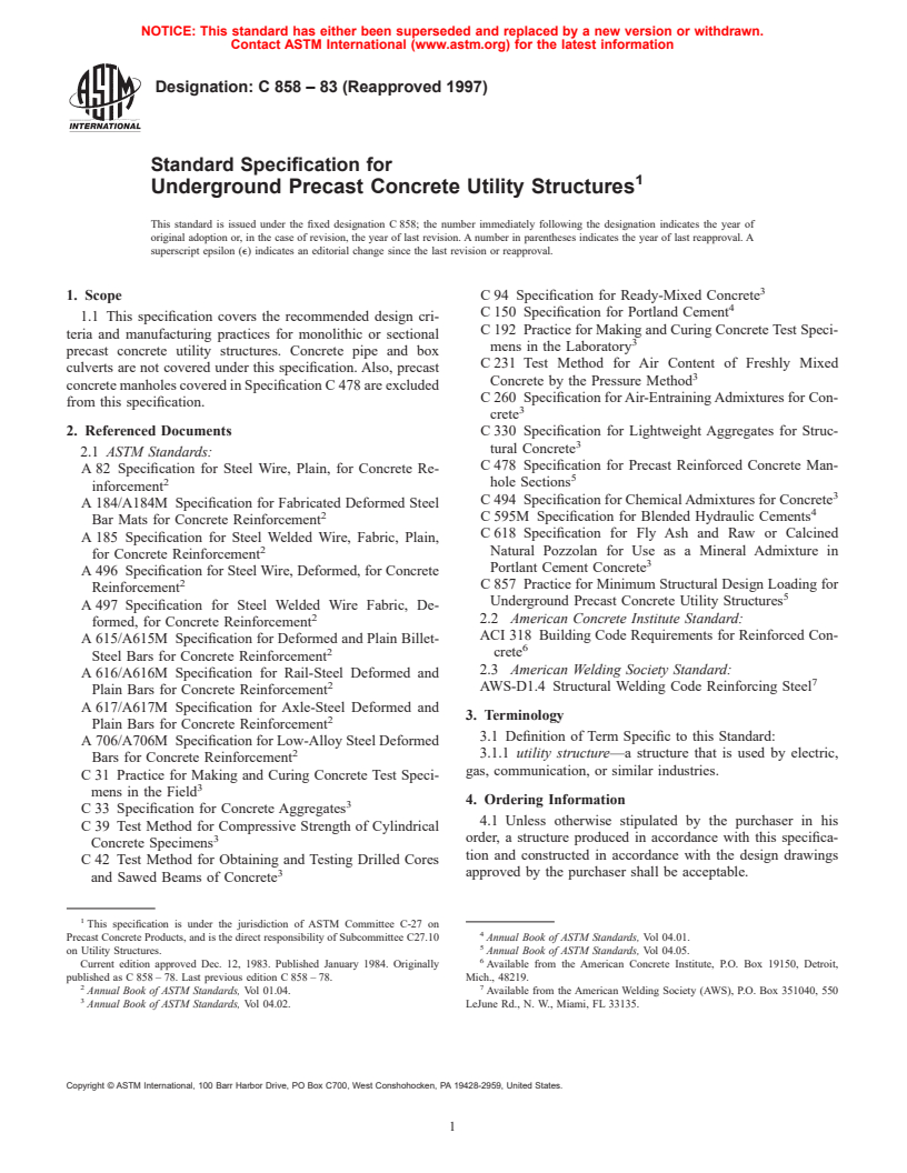 ASTM C858-83(1997) - Standard Specification for Underground Precast Concrete Utility Structures