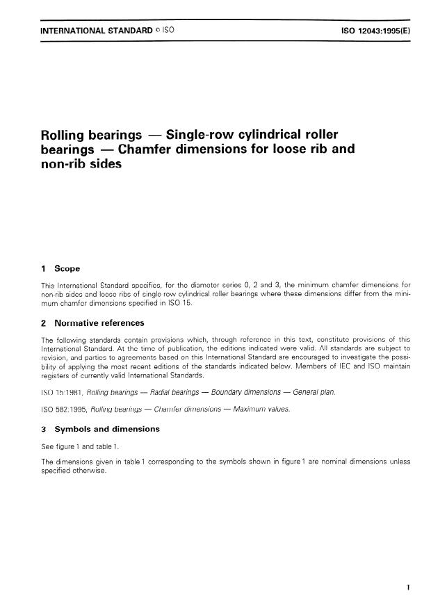 ISO 12043:1995 - Rolling bearings -- Single-row cylindrical roller bearings -- Chamfer dimensions for loose rib and non-rib sides