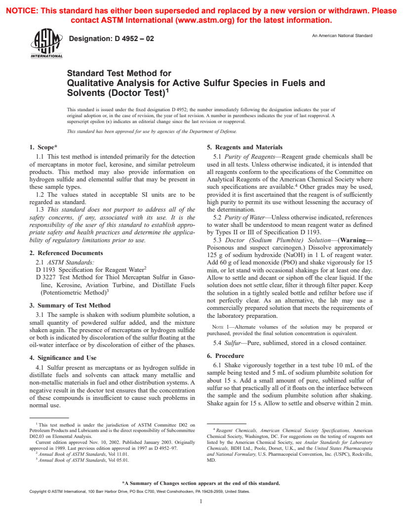 ASTM D4952-02 - Standard Test Method for Qualitative Analysis for Active Sulfur Species in Fuels and Solvents (Doctor Test)