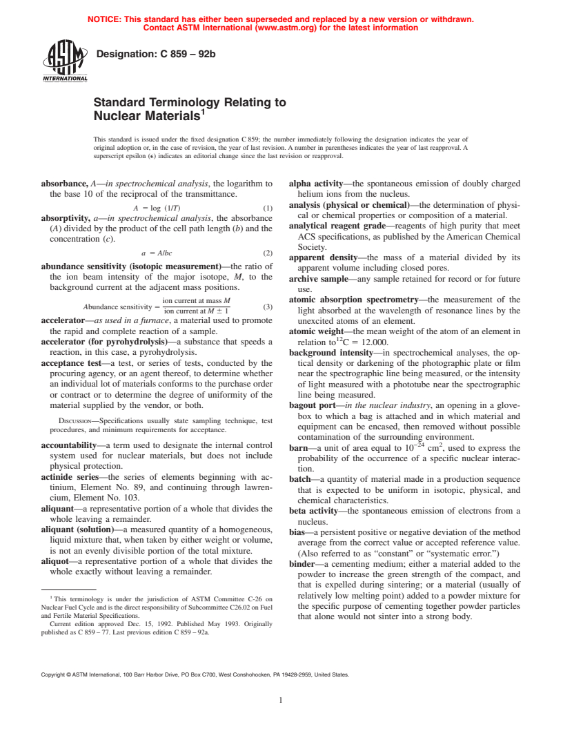 ASTM C859-92b - Standard Terminology Relating to Nuclear Materials (Withdrawn 2005)