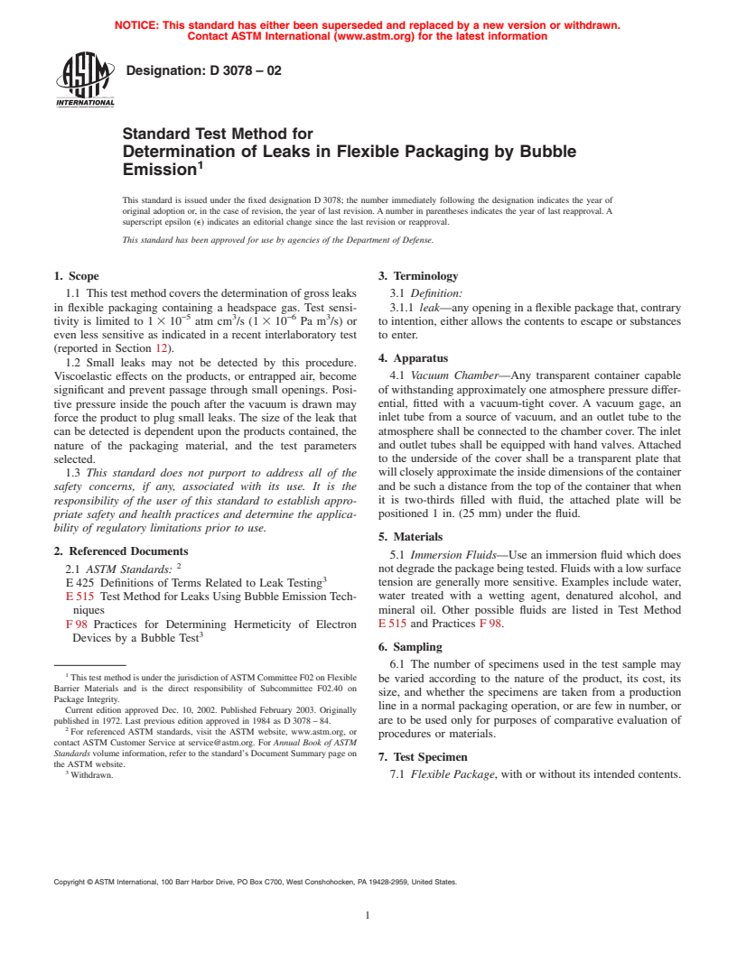 ASTM D3078-02 - Standard Test Method for Determination of Leaks in Flexible Packaging by Bubble Emission