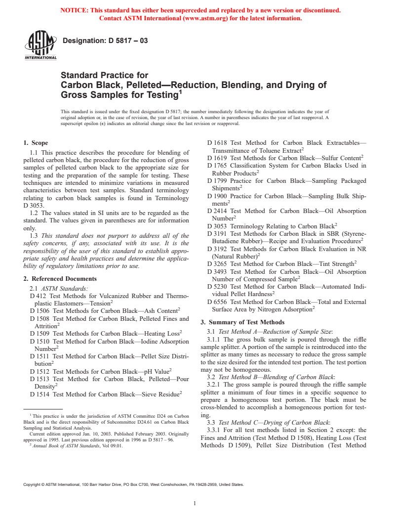 ASTM D5817-03 - Standard Practice for Carbon Black, Pelleted-Reduction, Blending, and Drying of Gross Samples for Testing