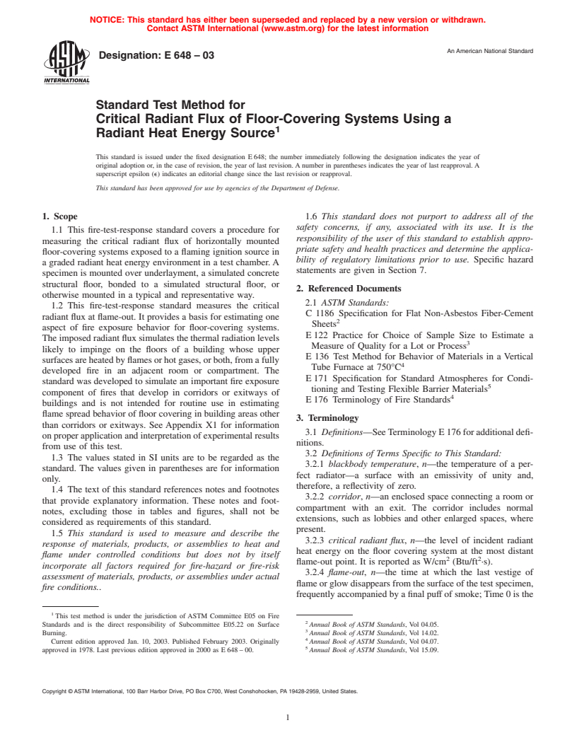 ASTM E648-03 - Standard Test Method for Critical Radiant Flux of Floor-Covering Systems Using a Radiant Heat Energy Source