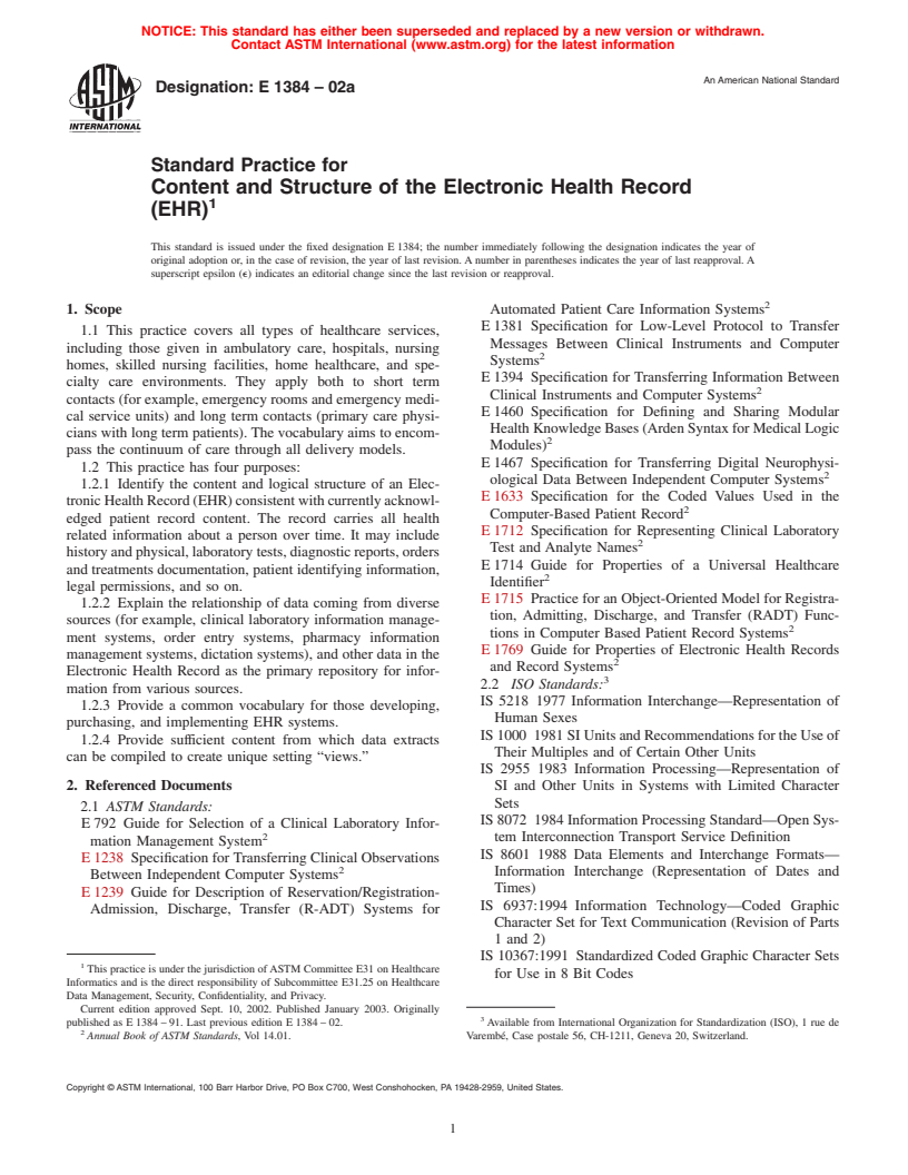 ASTM E1384-02a - Practice for Content and Structure of the Electronic Health Record (EHR)