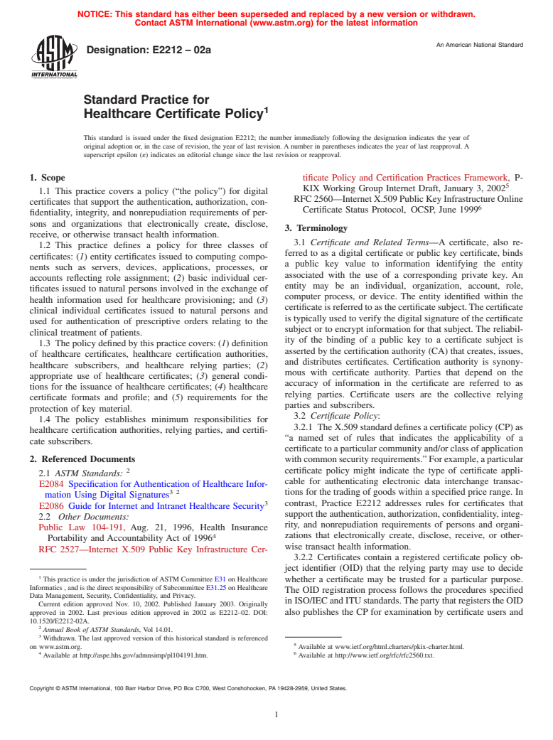 ASTM E2212-02a - Standard Practice for Healthcare Certificate Policy