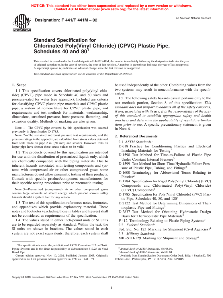 ASTM F441/F441M-02 - Standard Specification for Chlorinated Poly(Vinyl Chloride) (CPVC) Plastic Pipe, Schedules 40 and 80