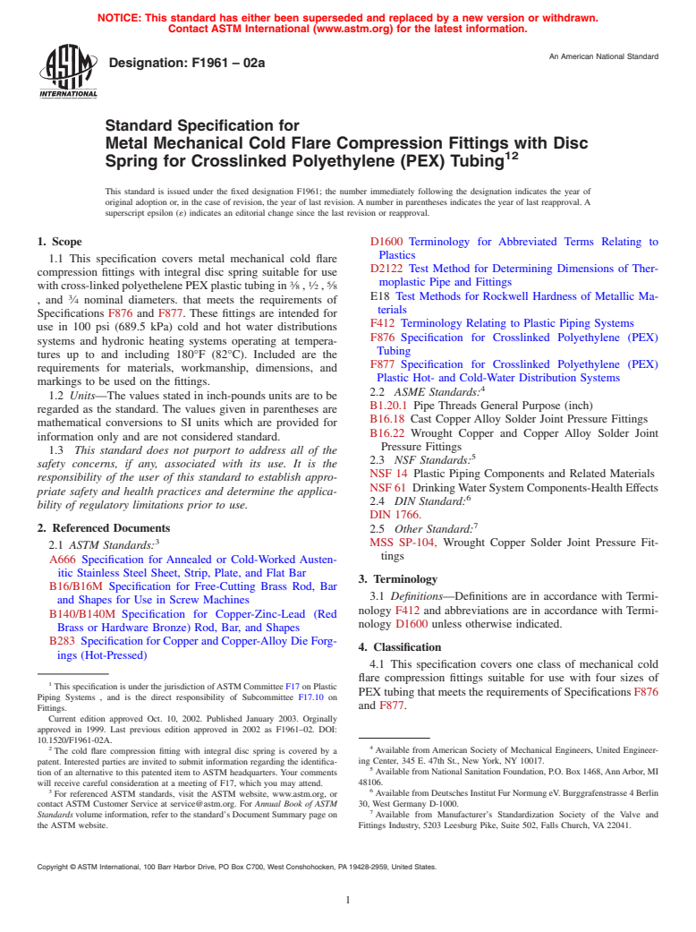 ASTM F1961-02a - Standard Specification for Metal Mechanical Cold Flare Compression Fittings with Disc Spring for Crosslinked Polyethylene (PEX) Tubing