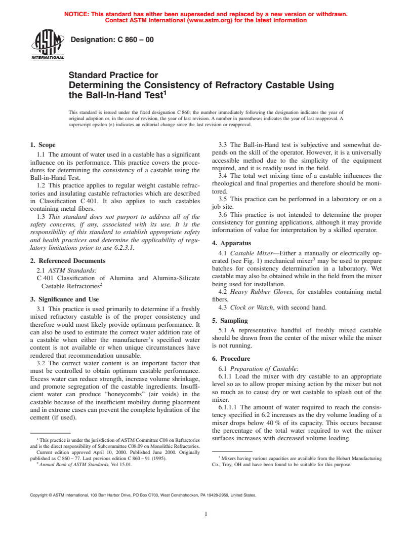 ASTM C860-00 - Standard Practices for Determining the Consistency of Refractory Castable Using the Ball-In-Hand Test