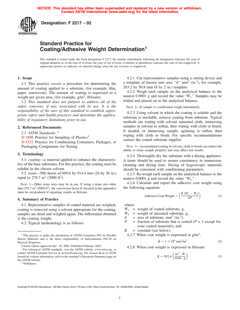 ASTM F2217-02 - Standard Practice for Coating/Adhesive Weight Determination