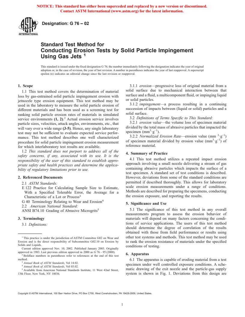 ASTM G76-02 - Standard Test Method for Conducting Erosion Tests by Solid Particle Impingement Using Gas Jets