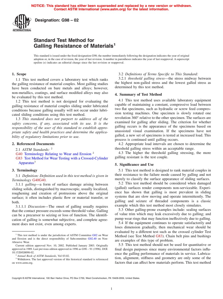 ASTM G98-02 - Standard Test Method for Galling Resistance of Materials