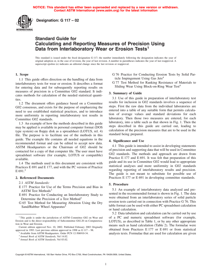 ASTM G117-02 - Standard Guide for Calculating and Reporting Measures of Precision Using Data from Interlaboratory Wear or Erosion Tests