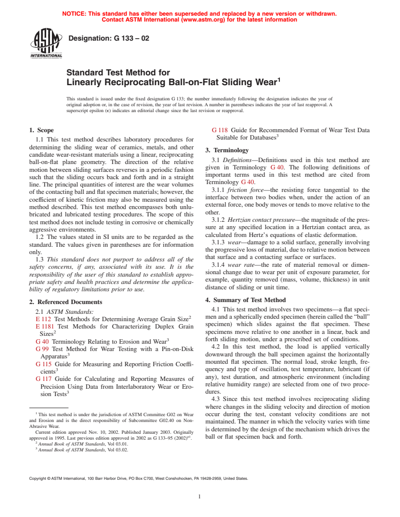 ASTM G133-02 - Standard Test Method for Linearly Reciprocating Ball-on-Flat Sliding Wear