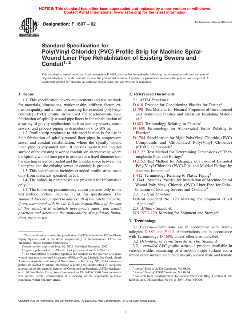 ASTM F1697-02 - Standard Specification for Poly(Vinyl Chloride) (PVC) Profile Strip for Machine Spiral-Wound Liner Pipe Rehabilitation of Existing Sewers and Conduits