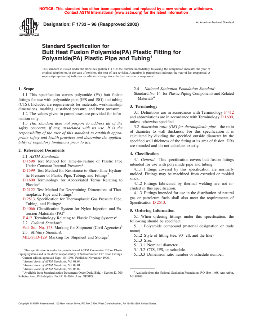 ASTM F1733-96(2002) - Standard Specification for Butt Heat Fusion Polyamide(PA) Plastic Fitting for Polyamide(PA) Plastic Pipe and Tubing