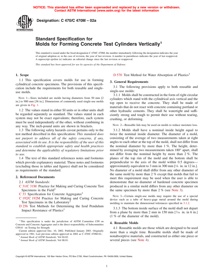 ASTM C470/C470M-02a - Standard Specification for Molds for Forming Concrete Test Cylinders Vertically
