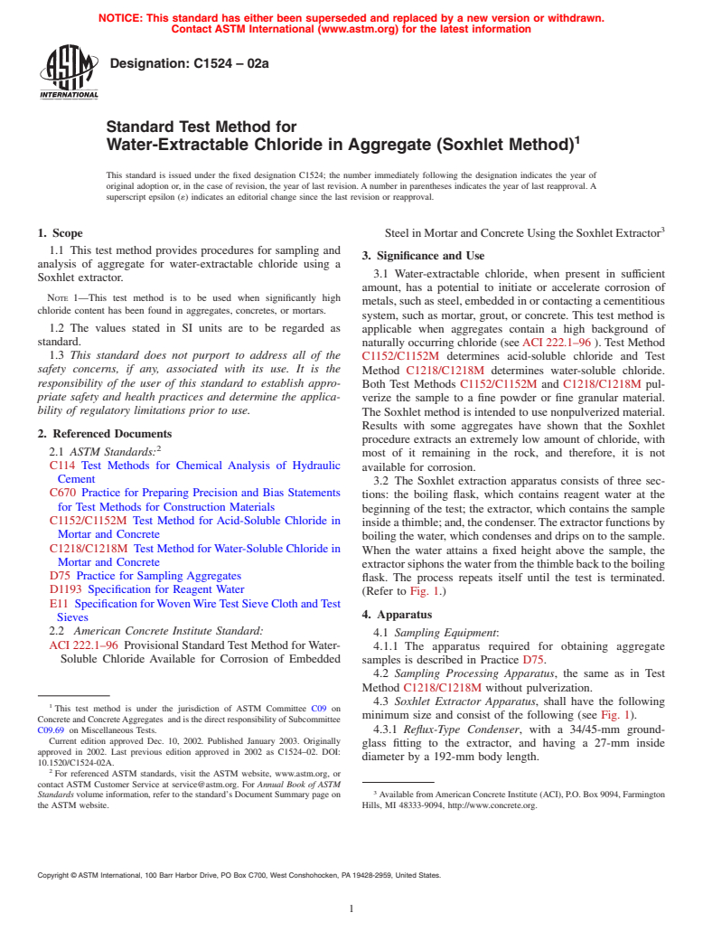 ASTM C1524-02a - Standard Test Method for Water-Extractable Chloride in Aggregate (Soxhlet Method)