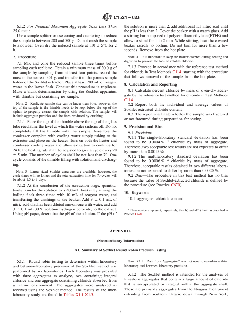 ASTM C1524-02a - Standard Test Method for Water-Extractable Chloride in Aggregate (Soxhlet Method)