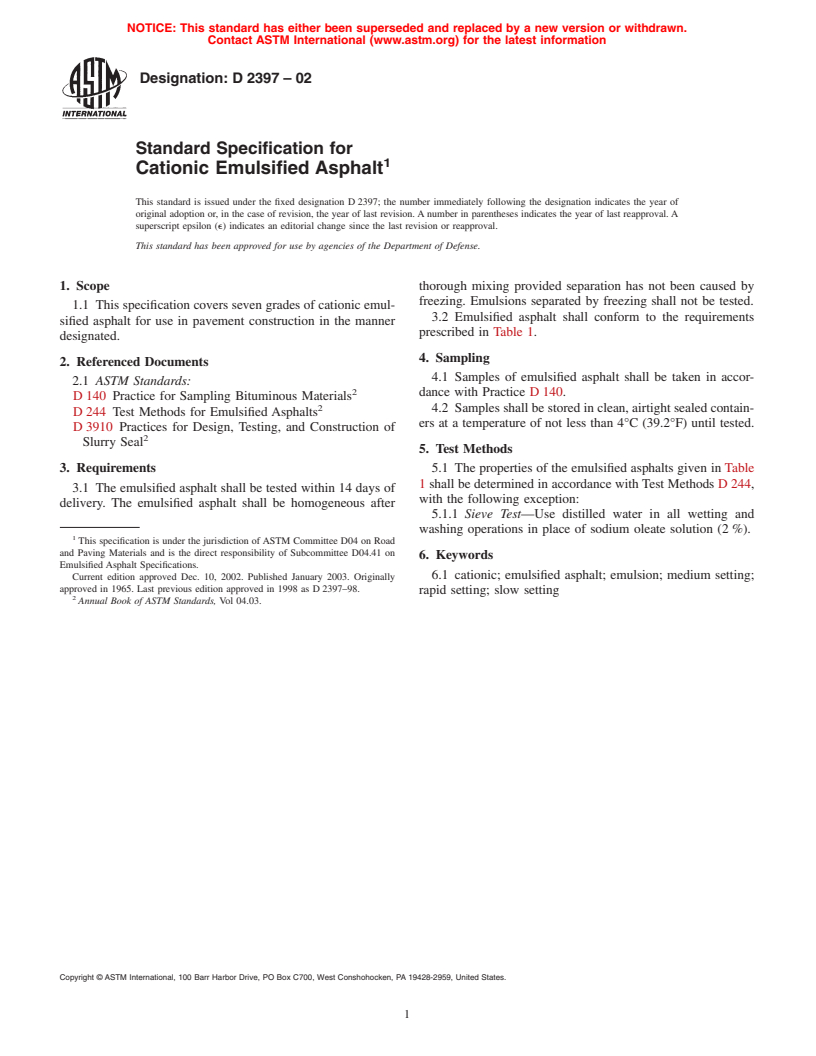 ASTM D2397-02 - Standard Specification for Cationic Emulsified Asphalt
