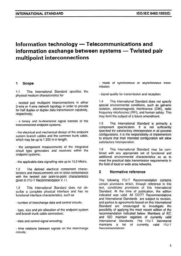 ISO/IEC 8482:1993 - Information technology -- Telecommunications and information exchange between systems -- Twisted pair multipoint interconnections