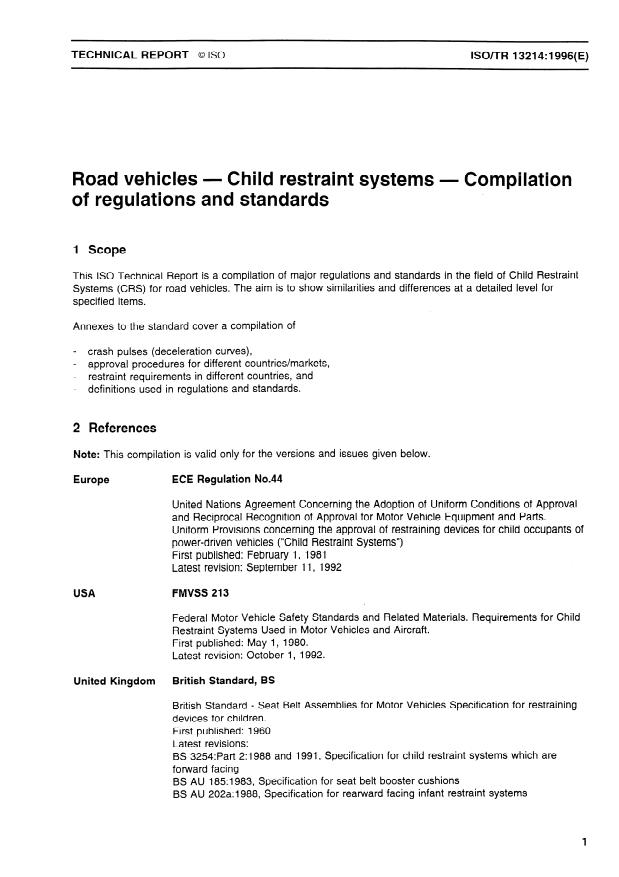 ISO/TR 13214:1996 - Road vehicles -- Child restraint systems -- Compilation of regulations and standards