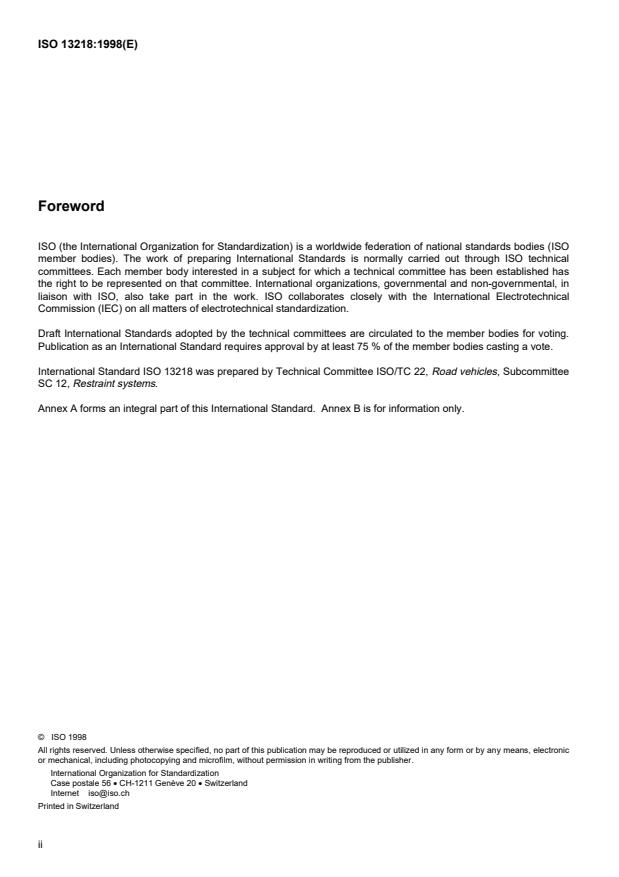 ISO 13218:1998 ISO 13218:1998 - Road vehicles -- Child restraint systems -- Report form for accidents involving child passengers - Page 2 preview