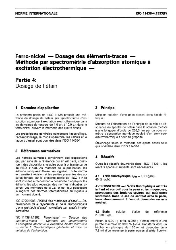 ISO 11438-4:1993 - Ferro-nickel -- Dosage des éléments-traces -- Méthode par spectrométrie d'absorption atomique a excitation électrothermique