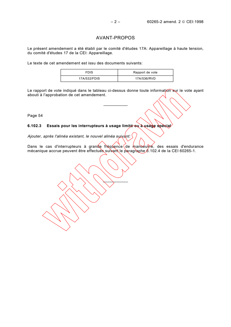 IEC 60265-2:1988/AMD2:1998 IEC 60265-2:1988/AMD2:1998 - Amendment 2 - High-voltage switches. Part 2: High-voltage switches for rated voltages of 52 kV and above
Released:8/19/1998
Isbn:2831844908 - Page 2 preview