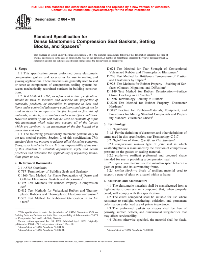 ASTM C864-99 - Standard Specification for Dense Elastomeric Compression Seal Gaskets, Setting Blocks, and Spacers