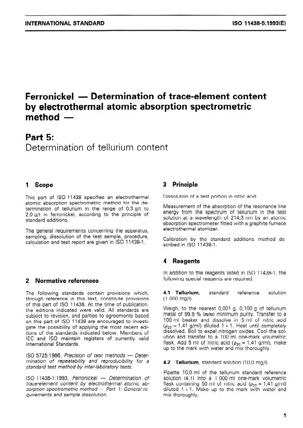 ISO 11438-5:1993 - Ferronickel -- Determination of trace-element content by electrothermal atomic absorption spectrometric method