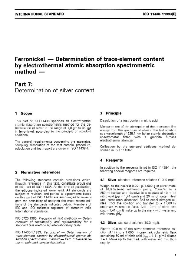 ISO 11438-7:1993 - Ferronickel -- Determination of trace-element content by electrothermal atomic absorption spectrometric method