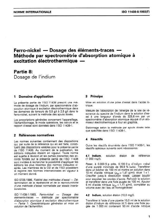 ISO 11438-8:1993 - Ferro-nickel -- Dosage des éléments-traces -- Méthode par spectrométrie d'absorption atomique a excitation électrothermique