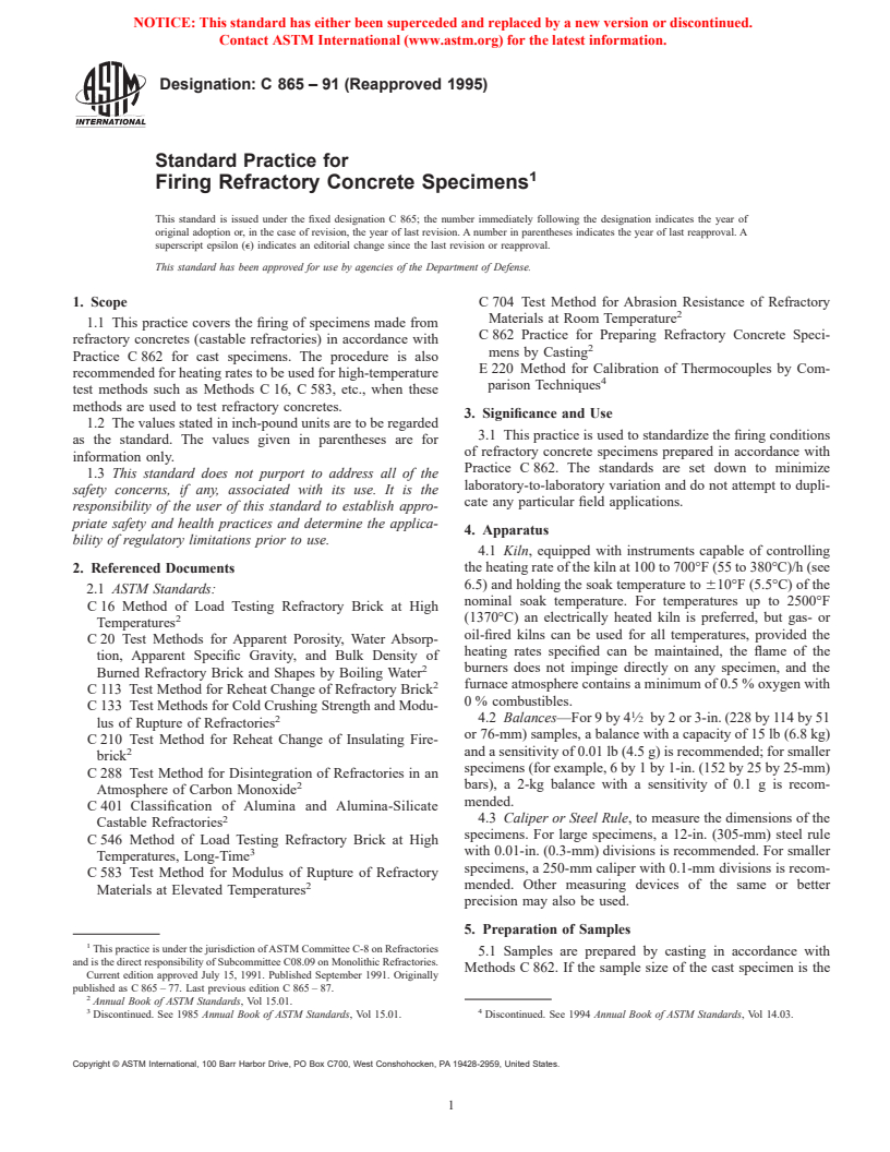 ASTM C865-91(1995) - Standard Practice for Firing Refractory Concrete Specimens