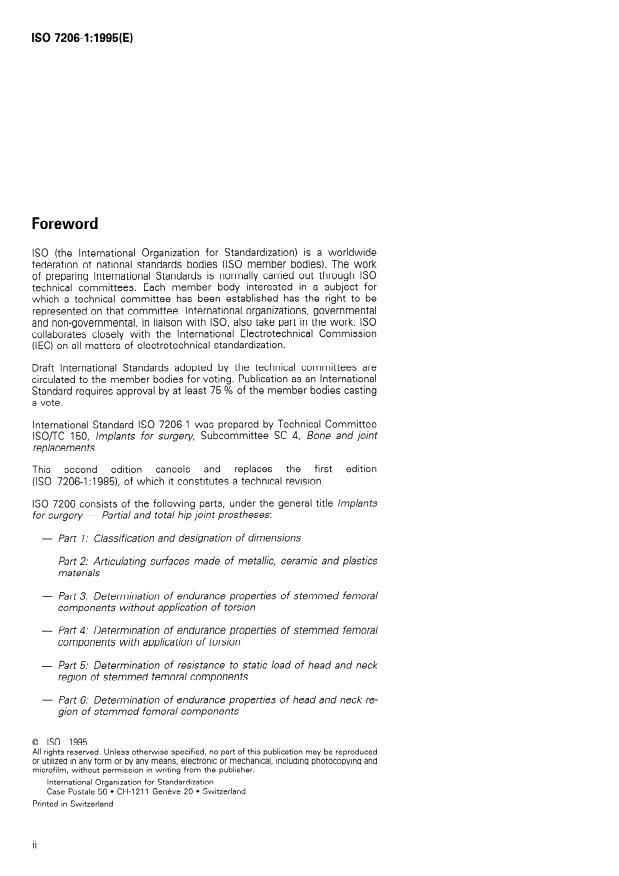 ISO 7206-1:1995 ISO 7206-1:1995 - Implants for surgery -- Partial and total hip joint prostheses - Page 2 preview