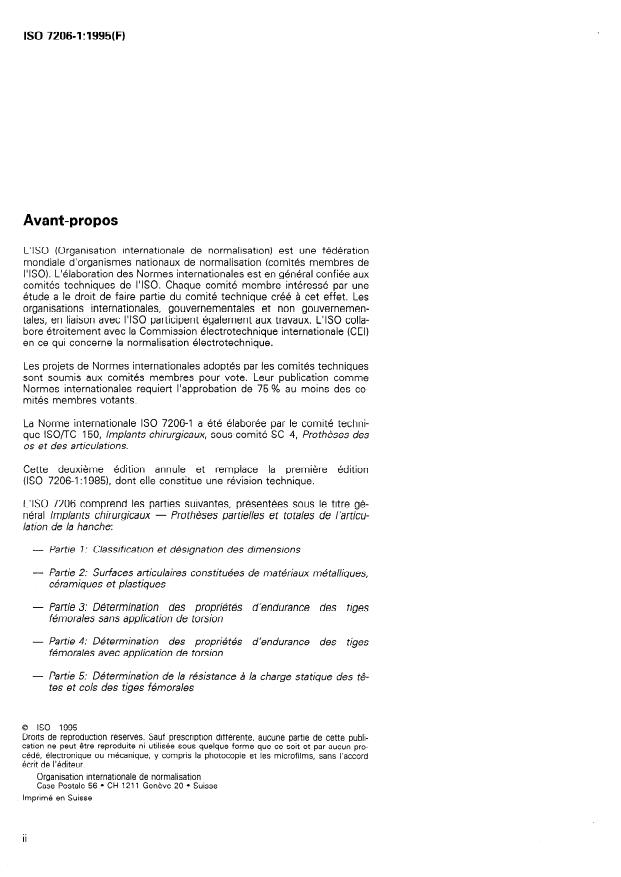 ISO 7206-1:1995 ISO 7206-1:1995 - Implants chirurgicaux -- Protheses partielles et totales de l'articulation de la hanche - Page 2 preview