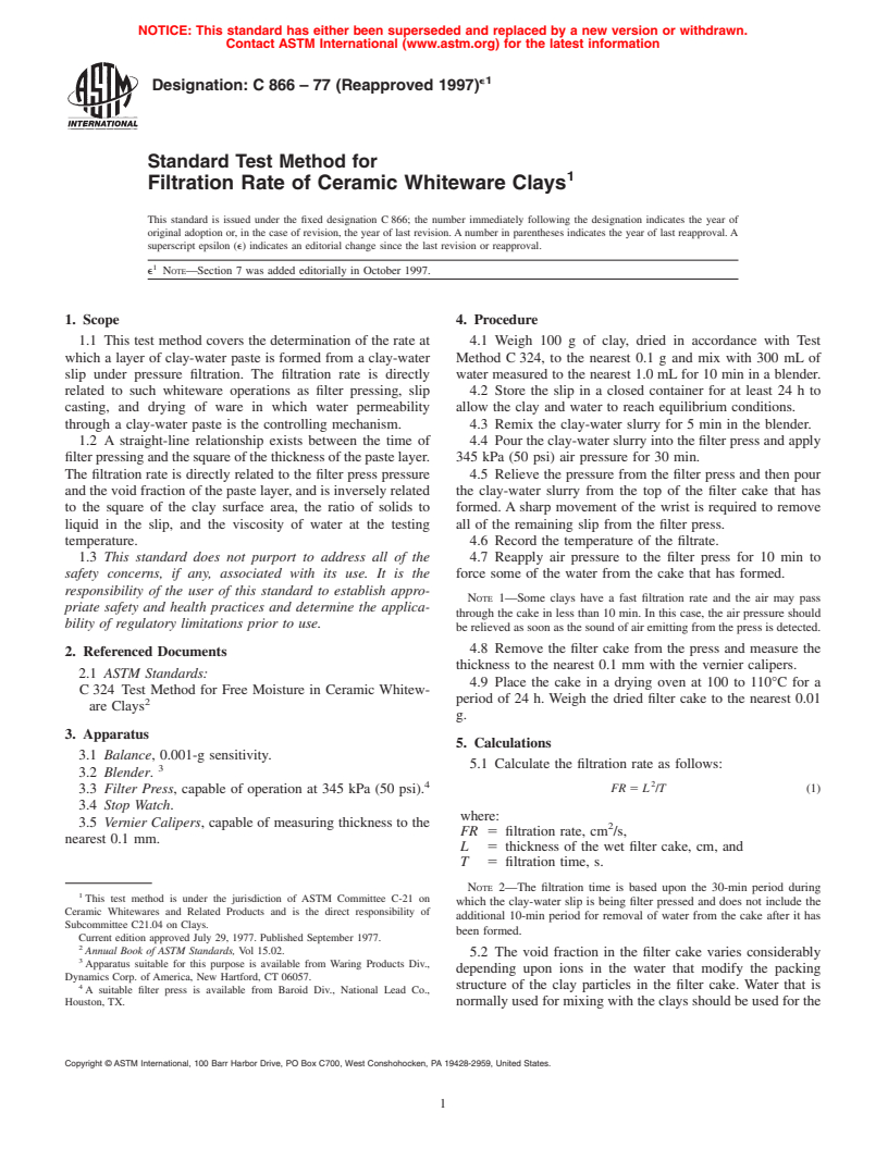 ASTM C866-77(1997)e1 - Standard Test Method for Filtration Rate of Ceramic Whiteware Clays