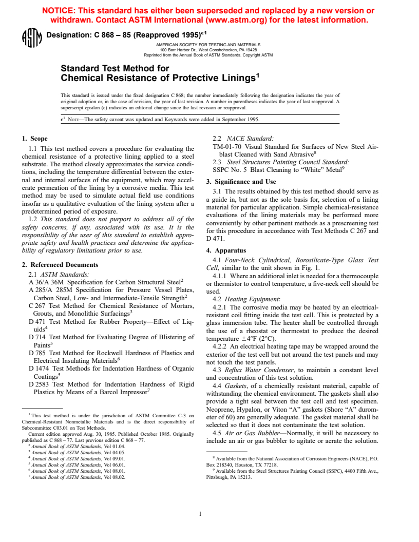 ASTM C868-85(1995)e1 - Standard Test Method for Chemical Resistance of Protective Linings