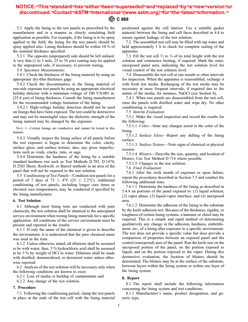 ASTM C868-85(1995)e1 - Standard Test Method for Chemical Resistance of Protective Linings