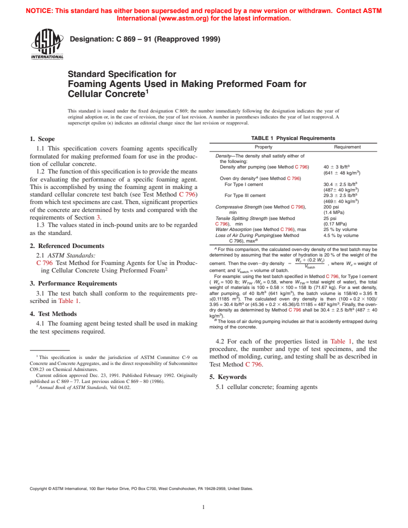 ASTM C869-91(1999) - Standard Specification for Foaming Agents Used in Making Preformed Foam for Cellular Concrete