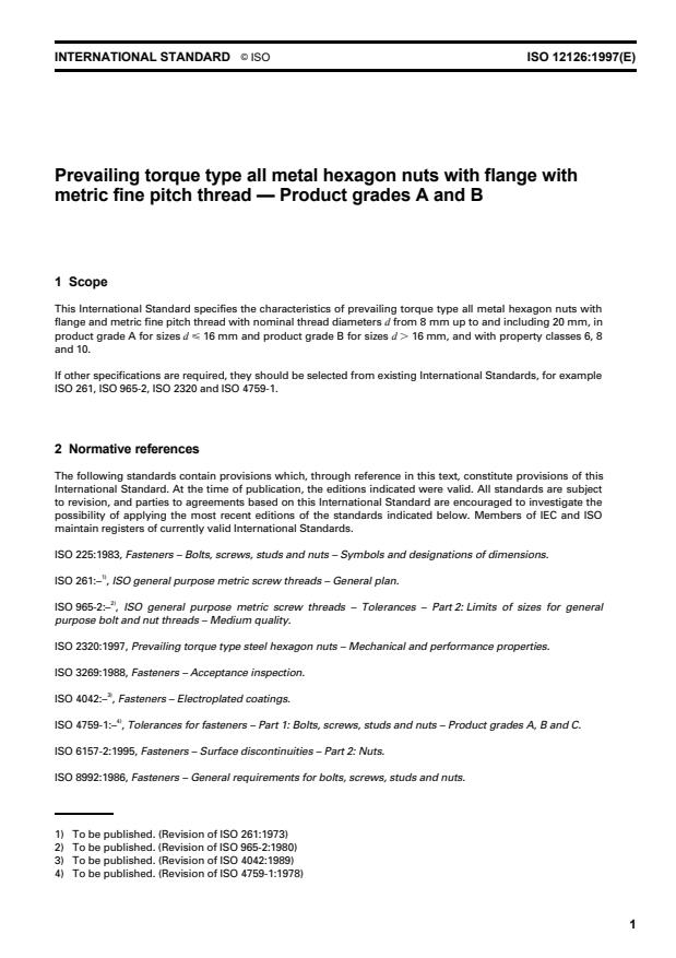 ISO 12126:1997 - Prevailing torque type all-metal hexagon nuts with flange with metric fine pitch thread -- Product grades A and B