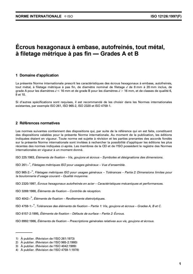 ISO 12126:1997 - Écrous hexagonaux a embase, autofreinés, tout métal, a filetage métrique a pas fin -- Grades A et B