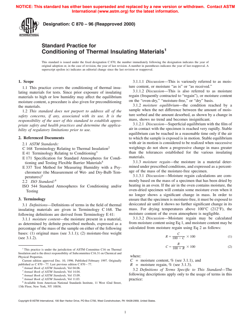 ASTM C870-96(2000) - Standard Practice for Conditioning of Thermal Insulating Materials